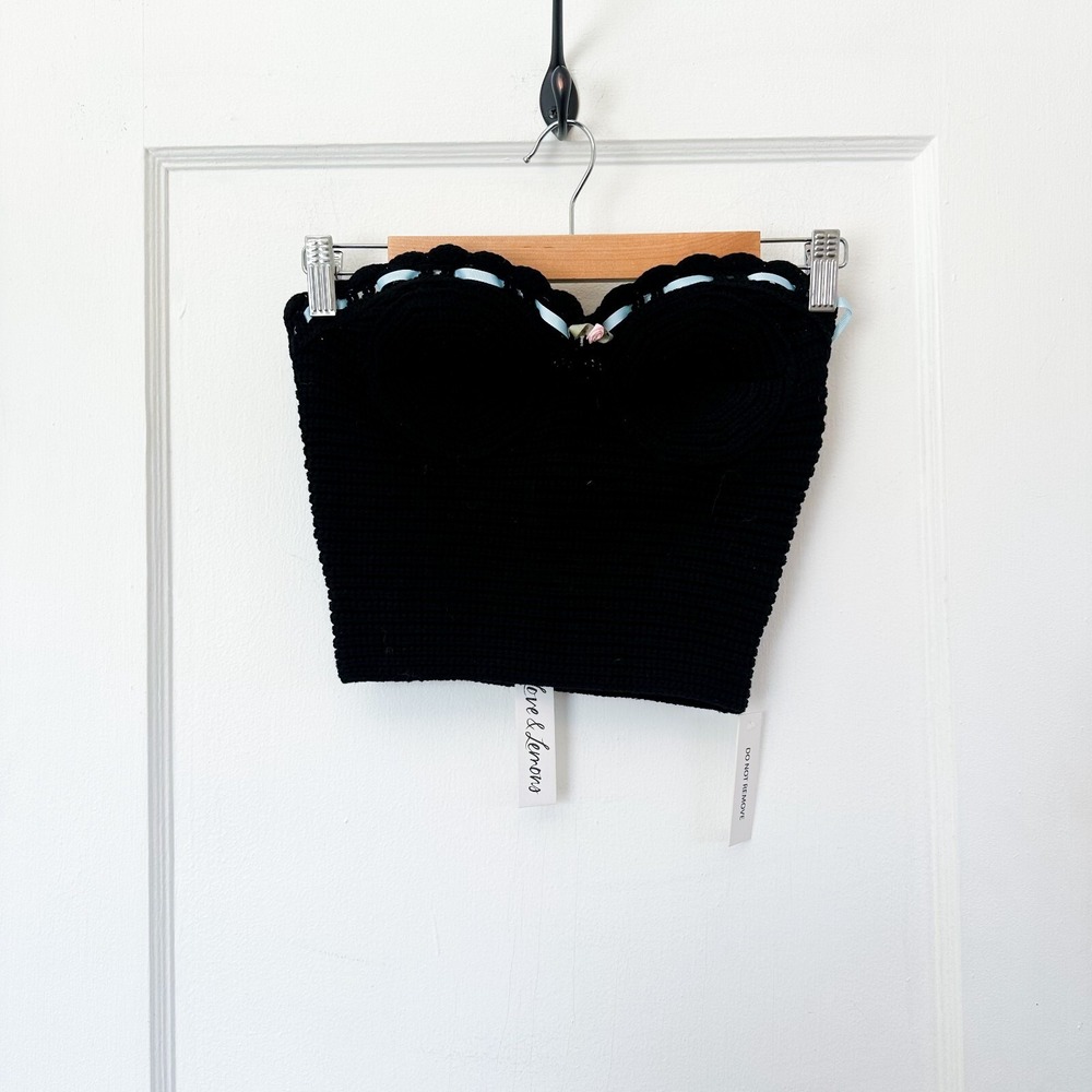 For Love & Lemons | NWT Kelsey Crochet Knit Mini Skirt and Top Set in Black SML - Picture 6 of 9